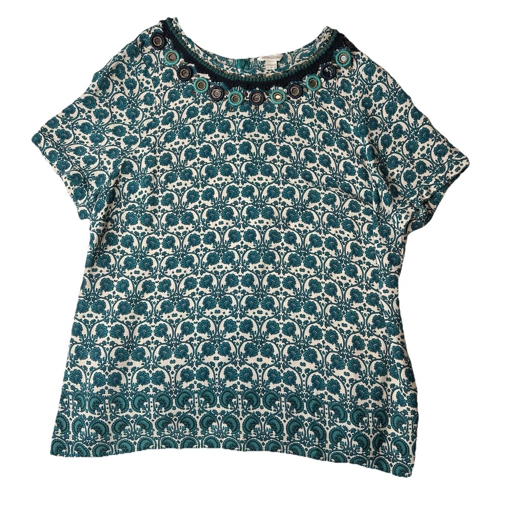 Monsoon Floral Print Blouse Cream Green Navy Size 16